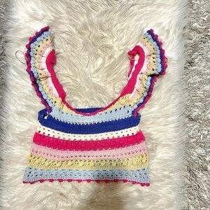 Pink, Blue, Yellow, White Striped Crochet Top